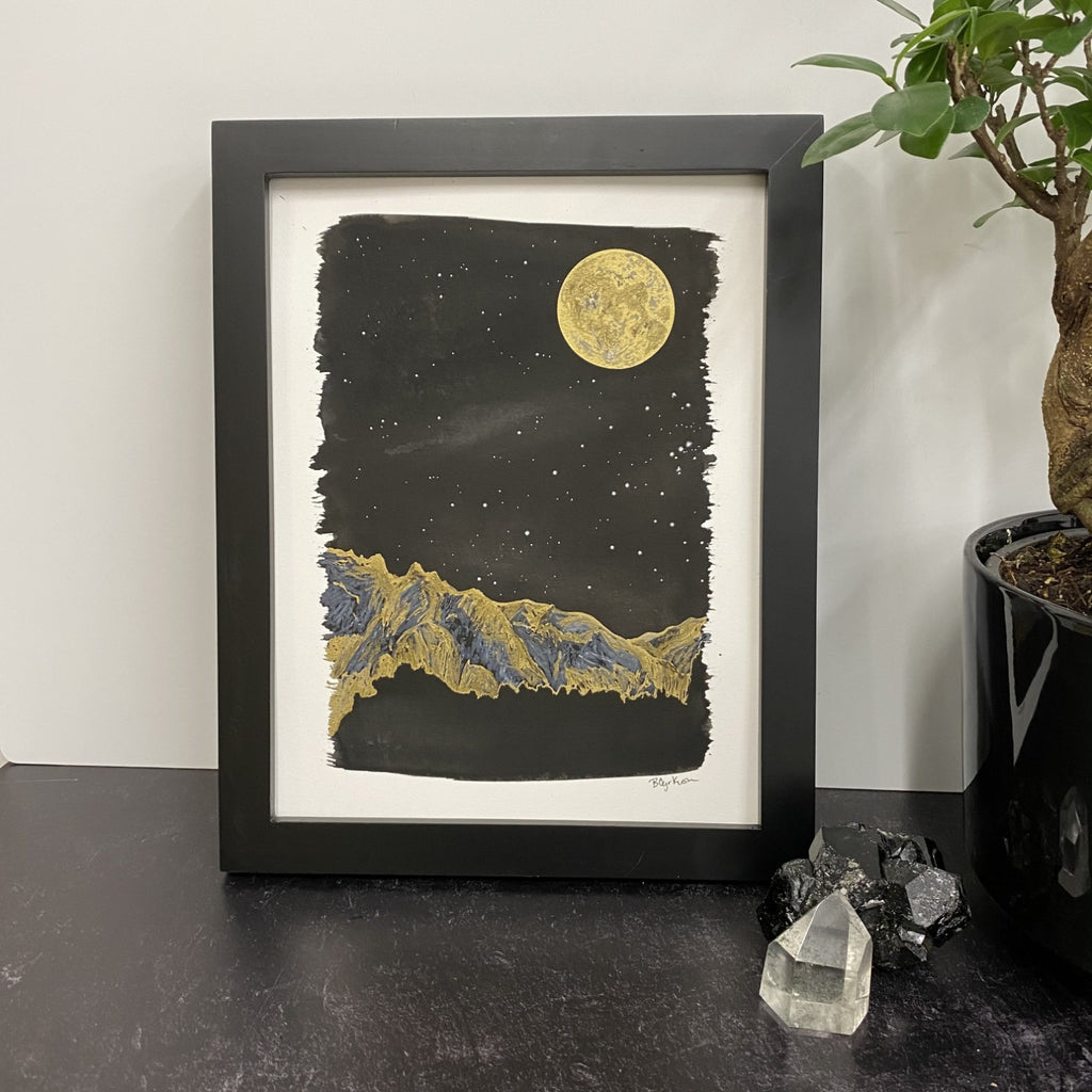 Winter Night Sky 28 - Golden mountains, monoceros, and full moon and - 8.5 x 11 - Original Drawing