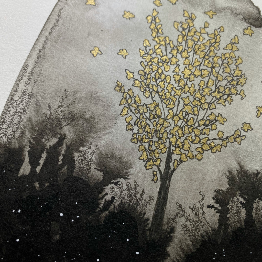 Beauty in the Upside Down 6 - Gold Leaves - Original Drawing - 8”x10”