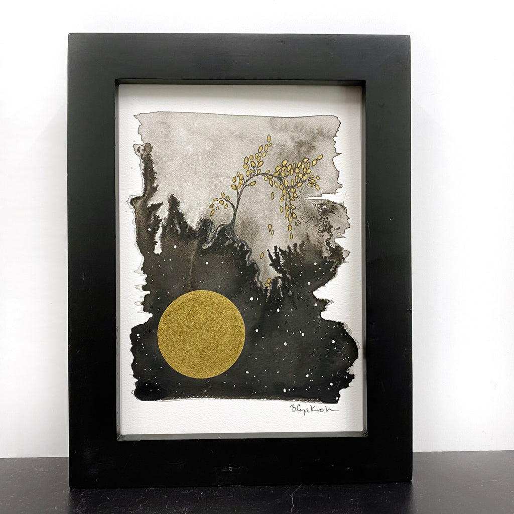 Beauty in the Upside Down 60 - Bendy tree, Large Moon - Original Drawing - 5”x7”