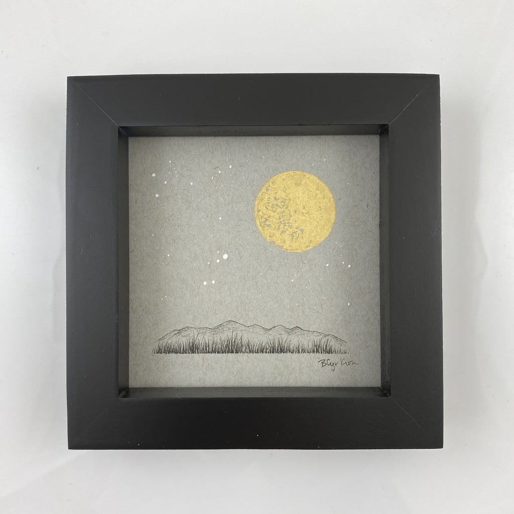 Lyra, Full Moon and a Grassy Mountain Horizon - Grey and Gold Collection #21 - Original drawing - 4"x4"