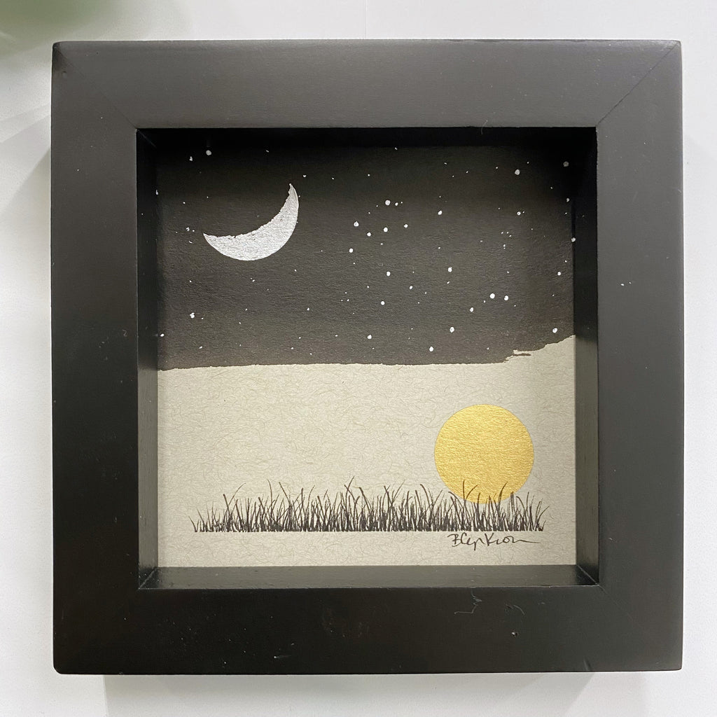 Sun and Moon and Gemini - Grey and Gold Collection #33 - Original drawing - 4"x4"