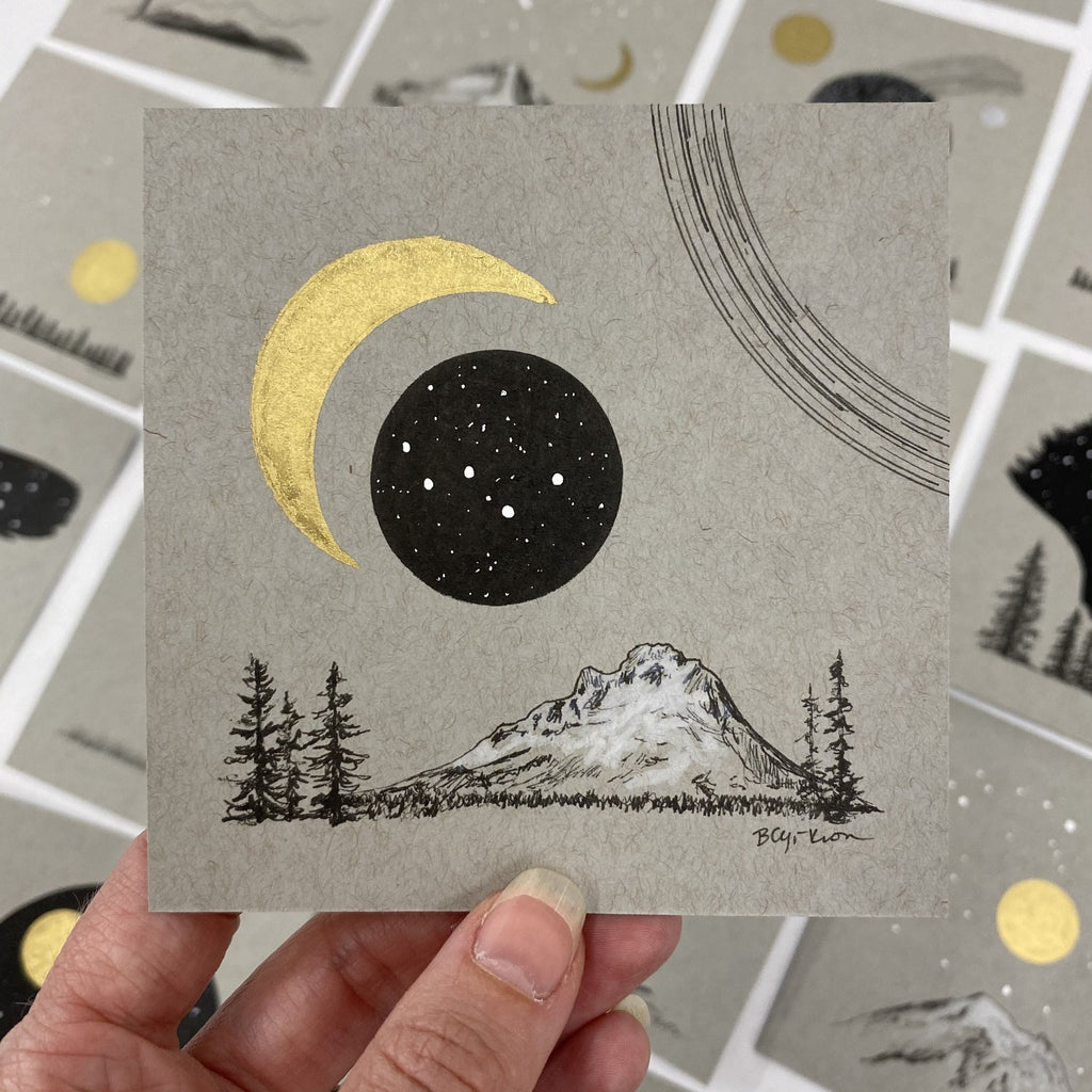 Moon, Cassiopeia and Mt. Hood (and star trails) - Grey and Gold Collection #2- Original drawing - 4"x4"
