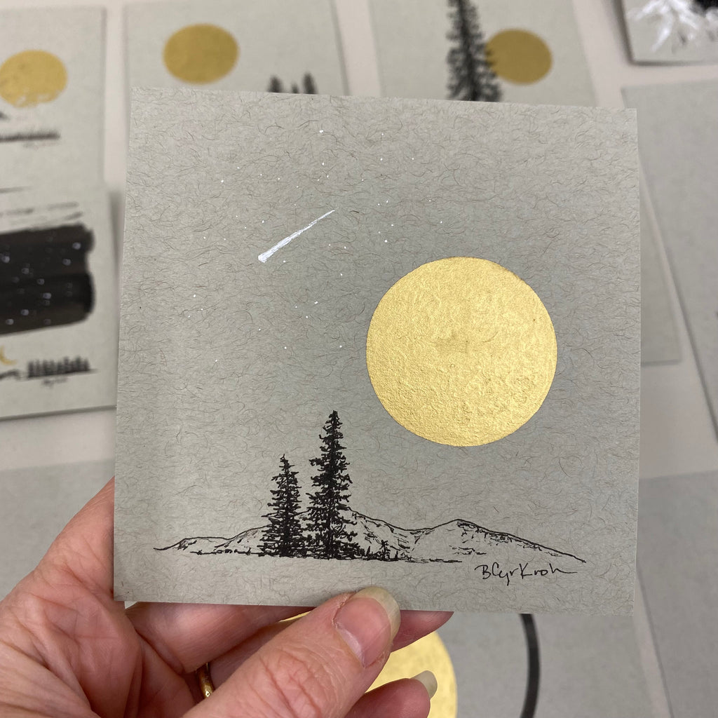 Shooting Star, Moon, Mountain and Tree pair - Grey and Gold Collection #35 - Original drawing - 4"x4"