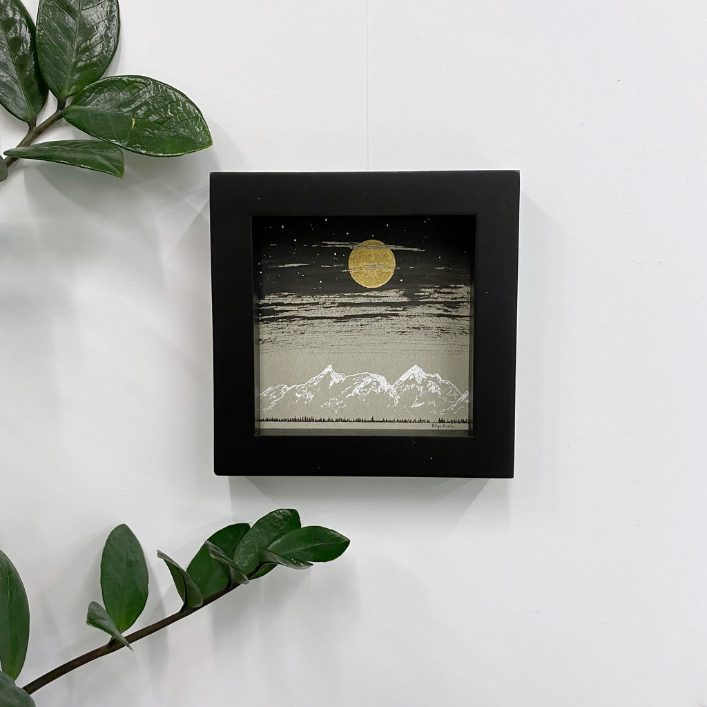 Snowy Mountain and a Cloudy Night Sky - Grey and Gold Collection #36 - Original drawing - 4"x4"