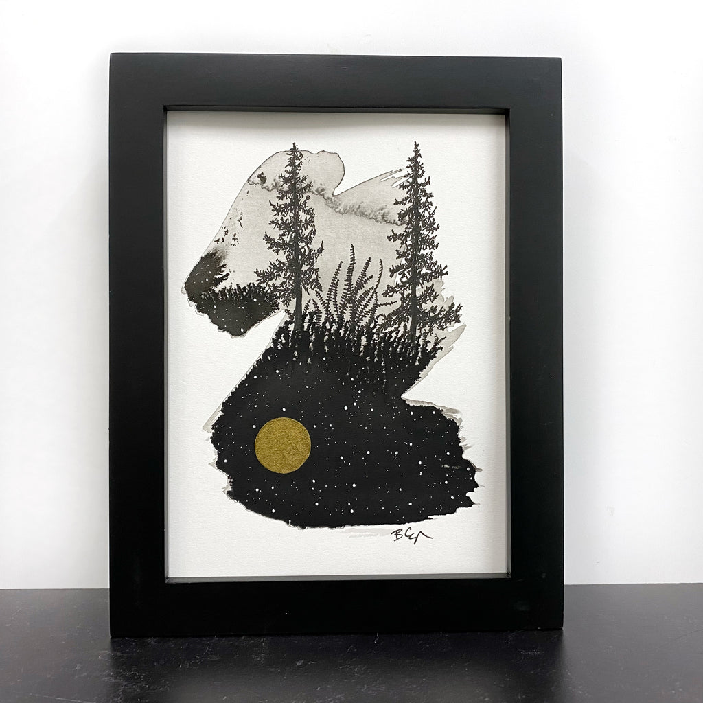 Beauty in the Upside Down 62 - Tree Pair and Fern - Original Drawing - 6”x8”