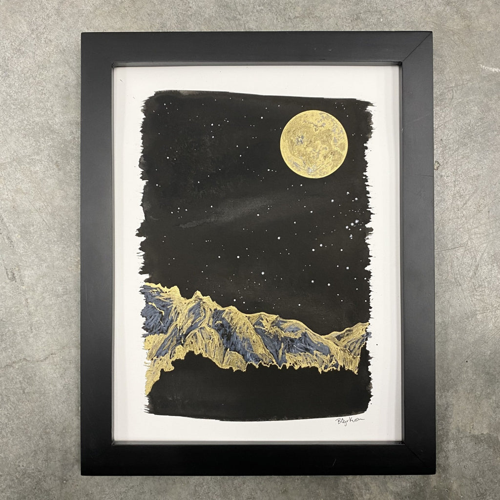 Winter Night Sky 28 - Golden mountains, monoceros, and full moon and - 8.5 x 11 - Original Drawing