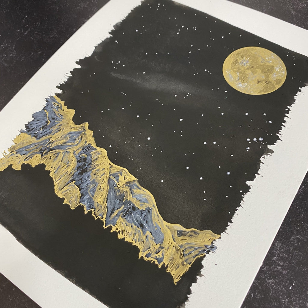 Winter Night Sky 28 - Golden mountains, monoceros, and full moon and - 8.5 x 11 - Original Drawing