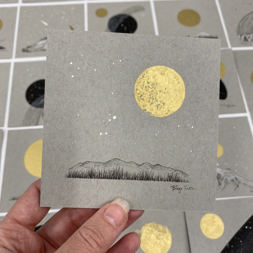 Lyra, Full Moon and a Grassy Mountain Horizon - Grey and Gold Collection #21 - Original drawing - 4"x4"