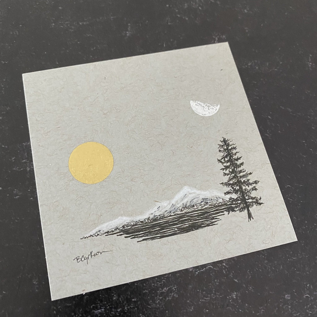 Daytime Moon, Sun, Mountain, Water and Solo Tree - Grey and Gold Collection #13 - Original drawing - 4"x4"