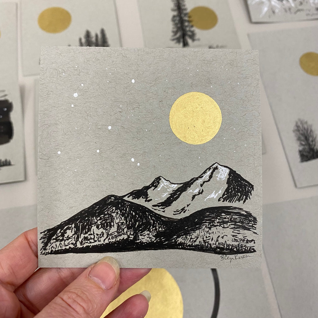 Dark Mountains and Aquila (Eagle) Constellation - Grey and Gold Collection #46 - Original drawing - 4"x4"