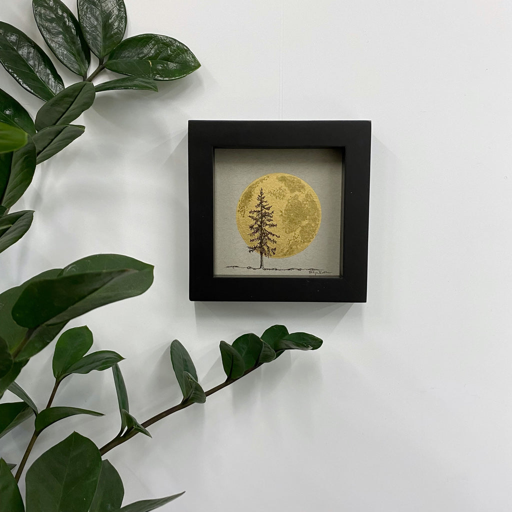 Giant Super Moon with Douglas Fir - Grey and Gold Collection #44 - Original drawing - 4"x4"