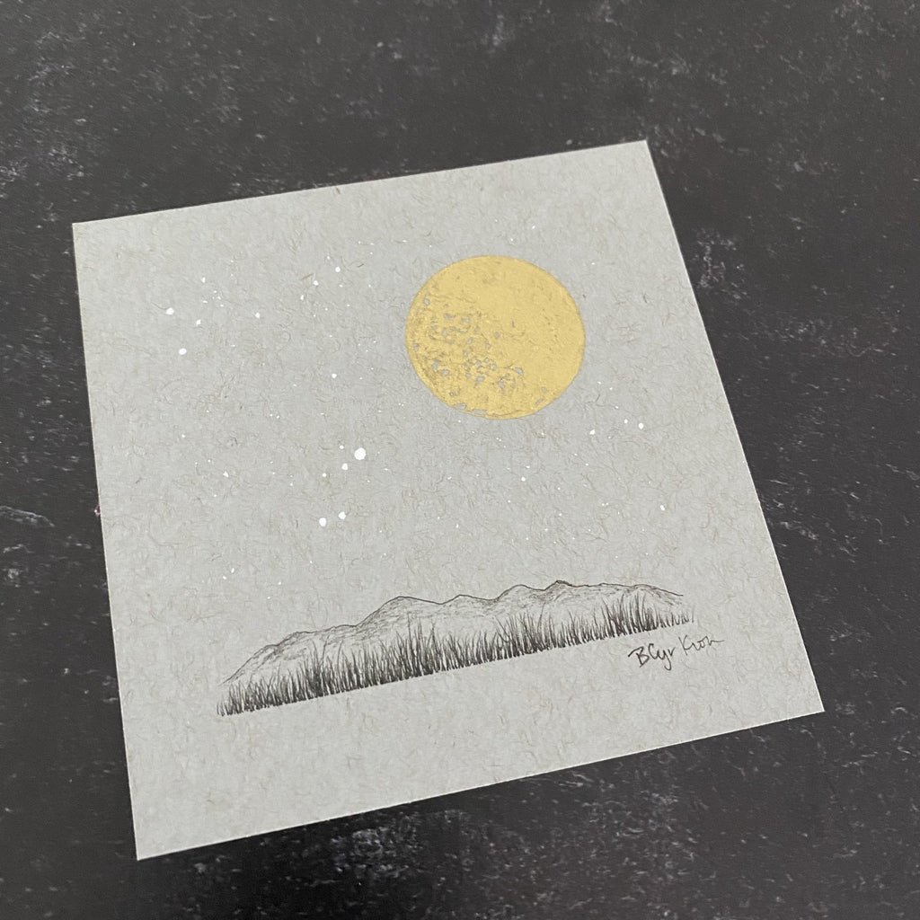 Lyra, Full Moon and a Grassy Mountain Horizon - Grey and Gold Collection #21 - Original drawing - 4"x4"