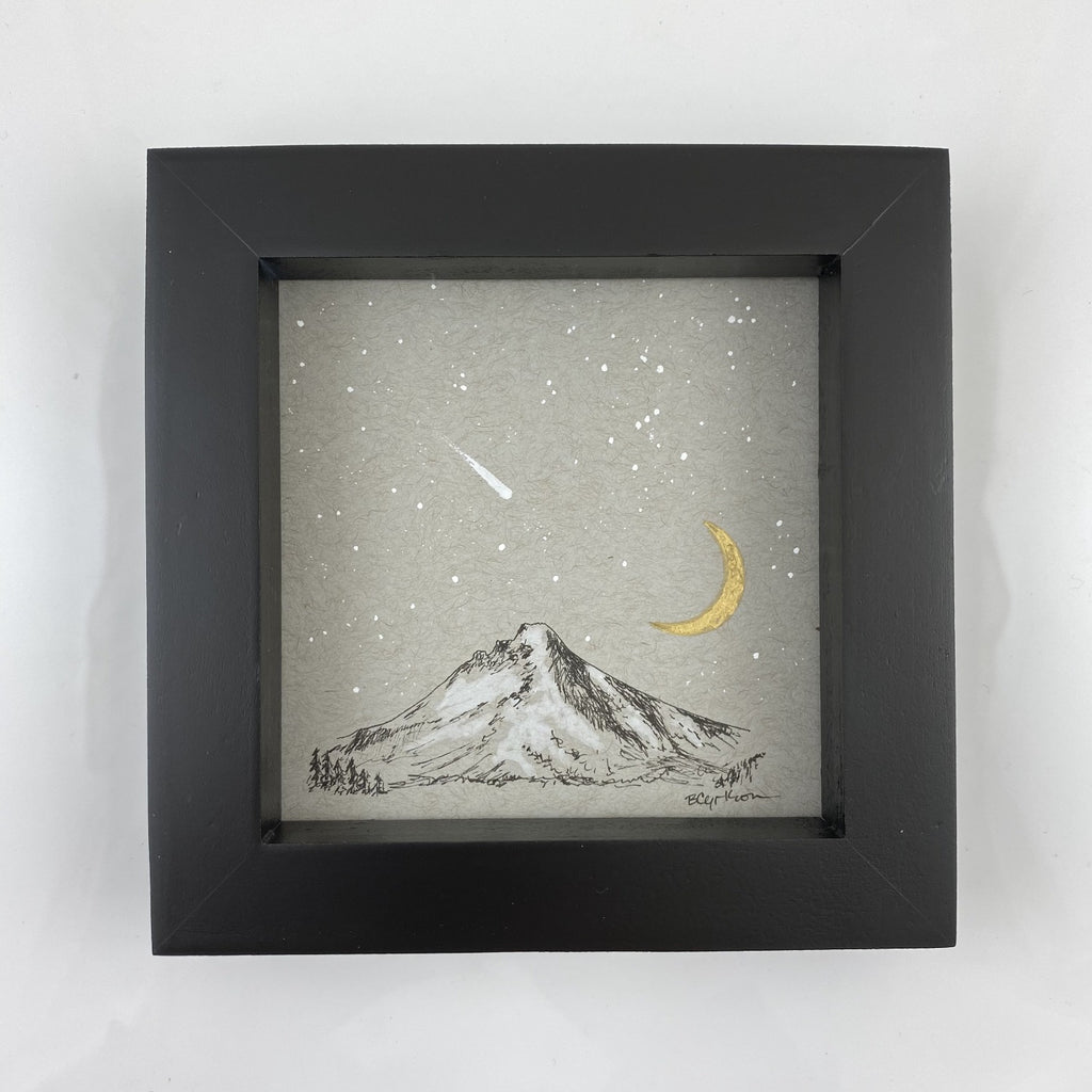 Shooting Star, Mt. Hood, Moon and little Orion - Grey and Gold Collection #7 - Original drawing - 4"x4"