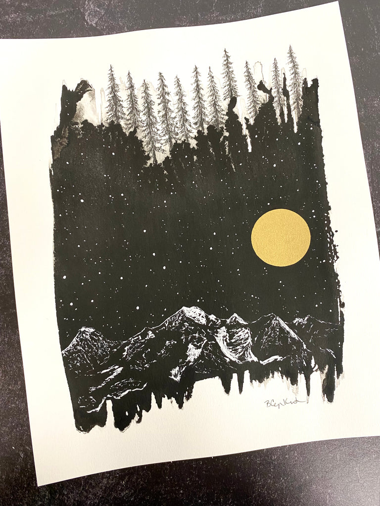 Beauty in the Upside Down 68 - Snowy Mountain, Tall Trees - Original Drawing - 8”x10”