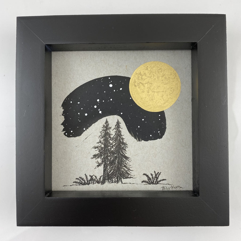 Trees, Ferns and Canis Major with Full Moon - Grey and Gold Collection #18 - Original drawing - 4"x4"