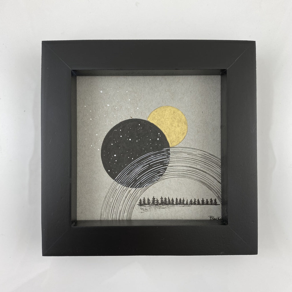 Stars Trails, Stars, Moon and Trees - Grey and Gold Collection #12 - Original drawing - 4"x4"