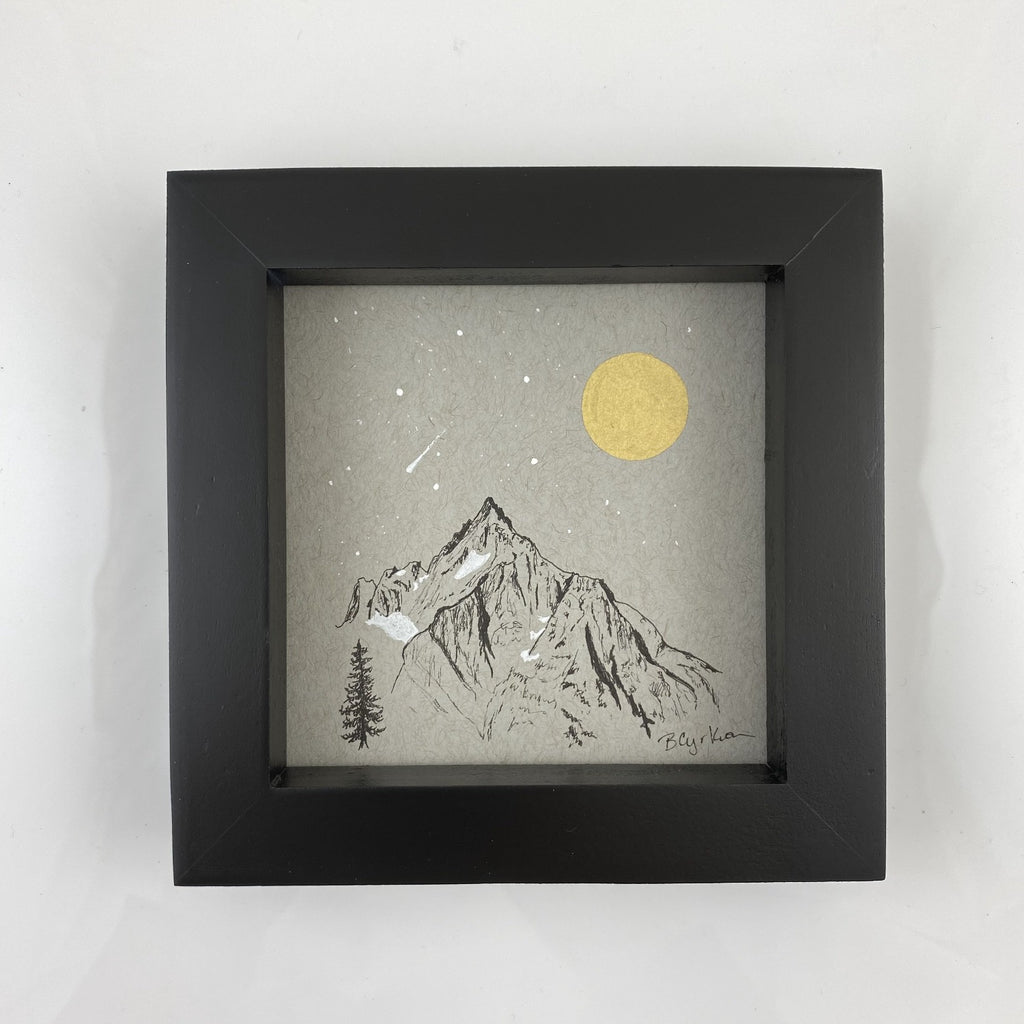 Moon, Cassiopeia and Mt. Hood (and star trails) - Grey and Gold Collection #2- Original drawing - 4"x4"