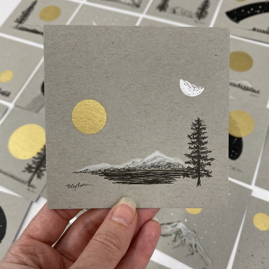 Daytime Moon, Sun, Mountain, Water and Solo Tree - Grey and Gold Collection #13 - Original drawing - 4"x4"