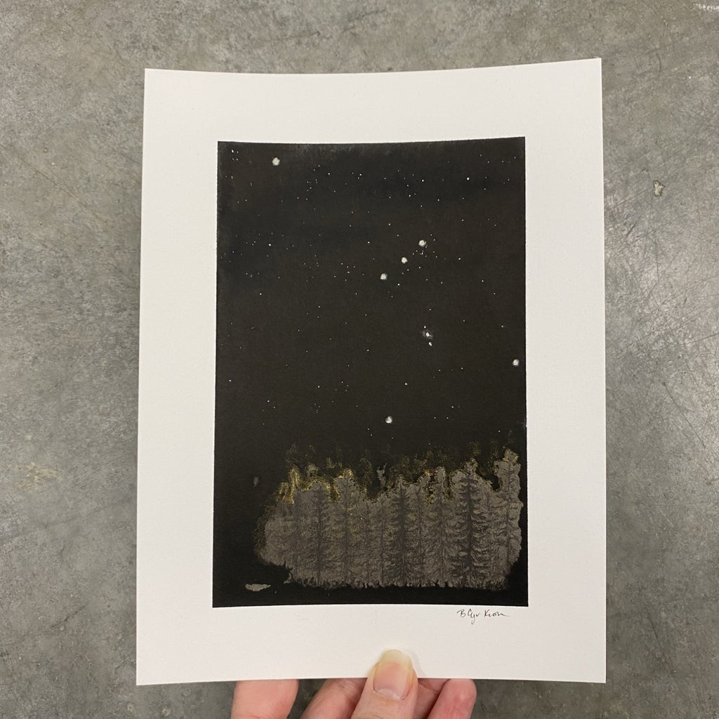 Winter Night Sky 25 - Orion over the misty trees - 6 x 8 - Original Drawing