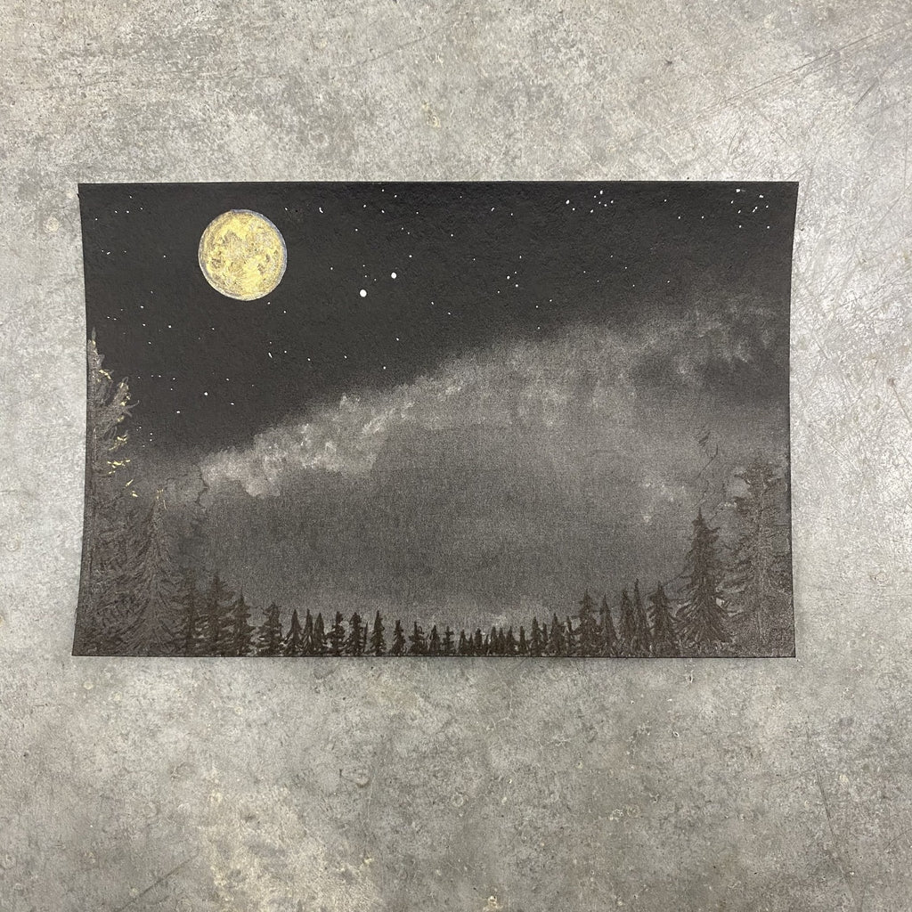 Winter Night Sky 11 - Full moon over the clouds and trees - 4 x 6 - Original Drawing