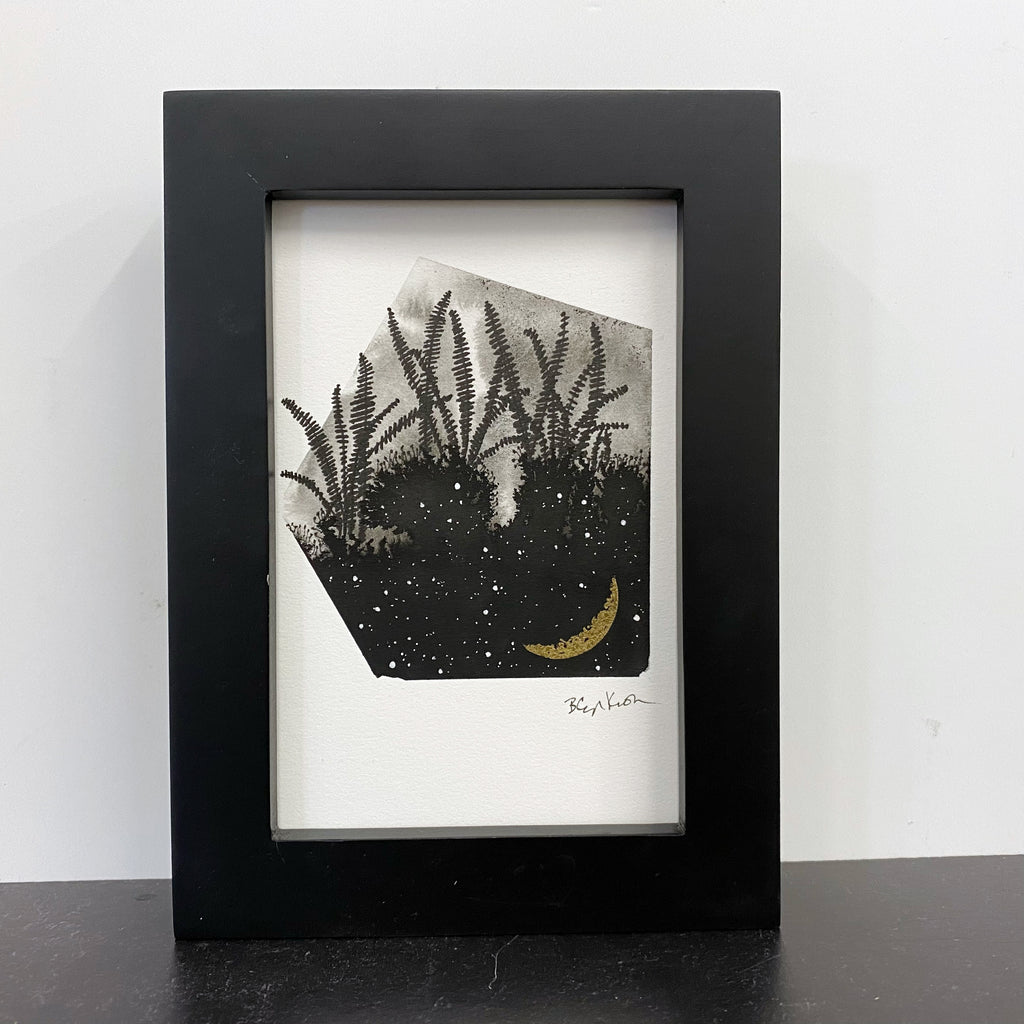 Beauty in the Upside Down 32 - Ferns and Crescent Moon - Original Drawing - 4”x6”