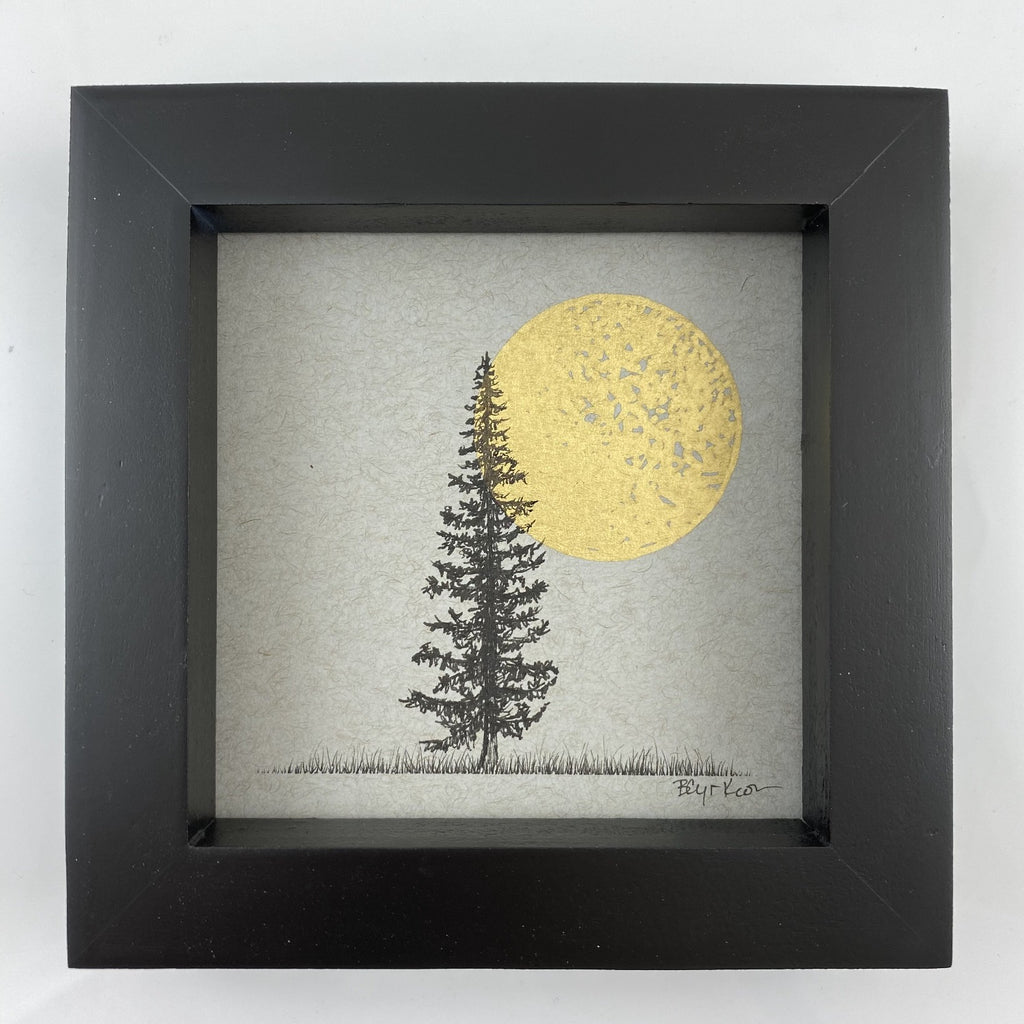 Centered Tree and Solo Moon - Grey and Gold Collection #25 - Original drawing - 4"x4"