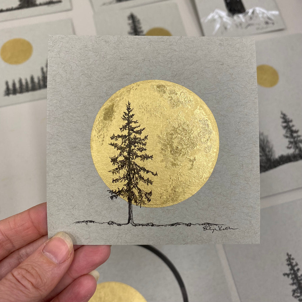 Giant Super Moon with Douglas Fir - Grey and Gold Collection #44 - Original drawing - 4"x4"