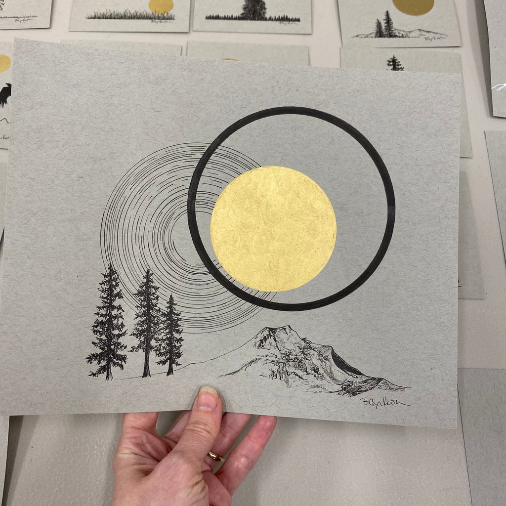 Mountain, Star Trails, Moon and Trees - Grey and Gold Collection #52 - Original drawing - 8"x10"