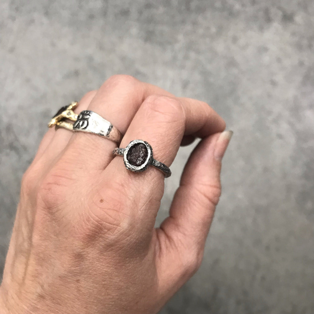 Rough Ruby Ring with Mountain Texture Band in Palladium Sterling Silver - size 7 - Ready to Ship - Beth Cyr Handmade Jewelry