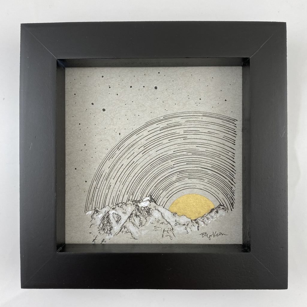 Star Trails over the Rising Moon and Mountains with Little Dipper - Grey and Gold Collection #10 - Original drawing - 4"x4"
