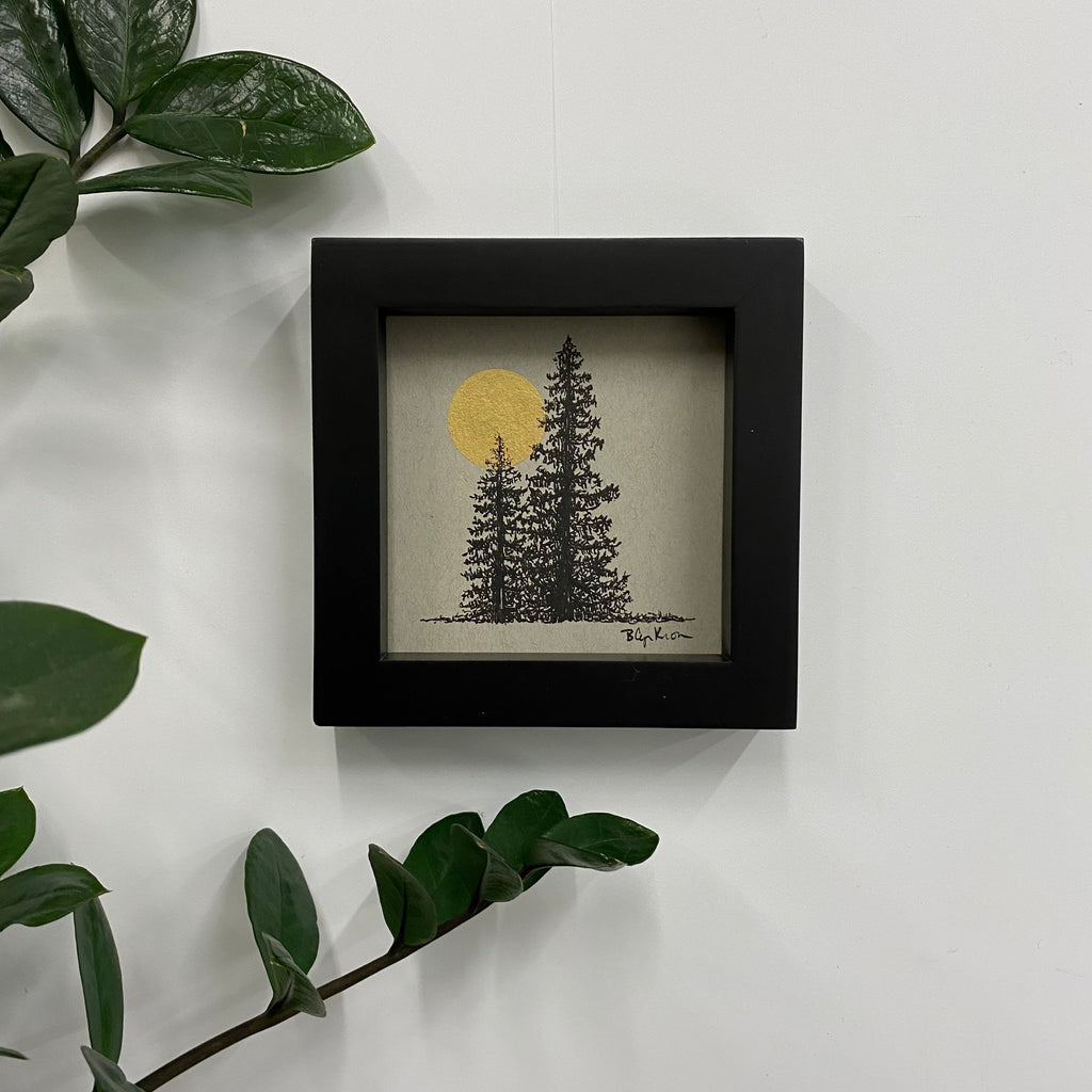 Tree Pair with Moon - Grey and Gold Collection #31 - Original drawing - 4"x4"