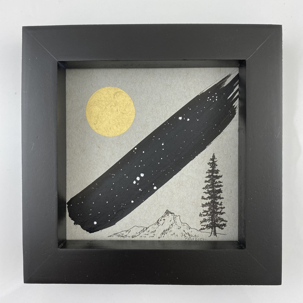 Tree, Mountain, Moon and Pleiades (and part of Orion) - Grey and Gold Collection #24 - Original drawing - 4"x4"