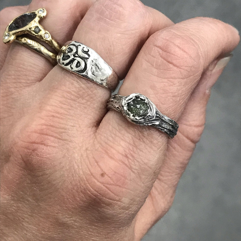 Tree Bark Ring with Rough Dark Green Sapphire in Palladium Sterling Silver - size 6.5 - Ready to Ship - Beth Cyr Handmade Jewelry