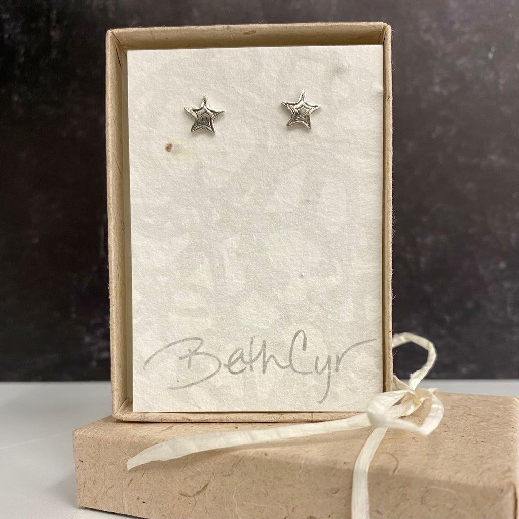 Star Burst Lined Texture - Star Post Earrings in Sterling Silver - Ready to Ship