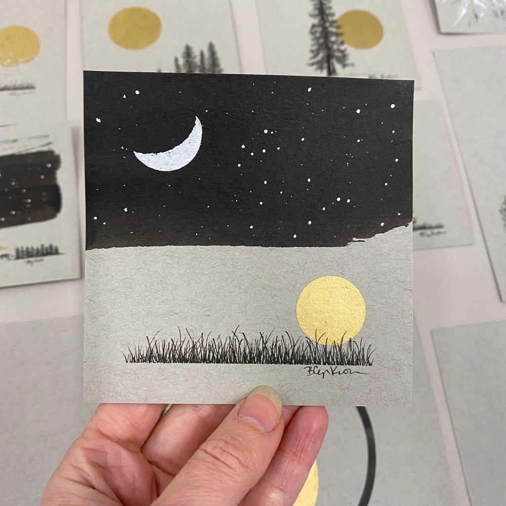 Sun and Moon and Gemini - Grey and Gold Collection #33 - Original drawing - 4"x4"