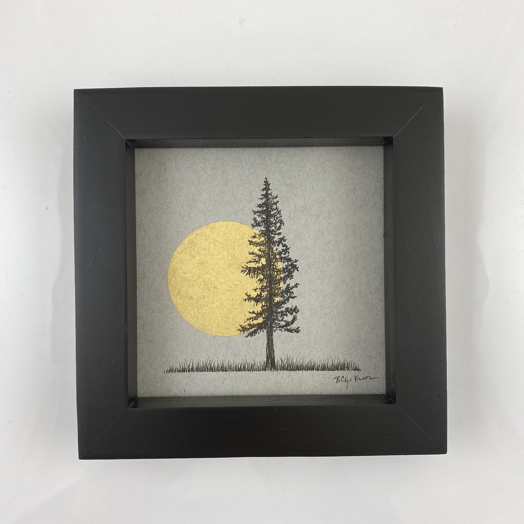 Giant Moon and Solo Tree in Field - Grey and Gold Collection #15 - Original drawing - 4"x4"