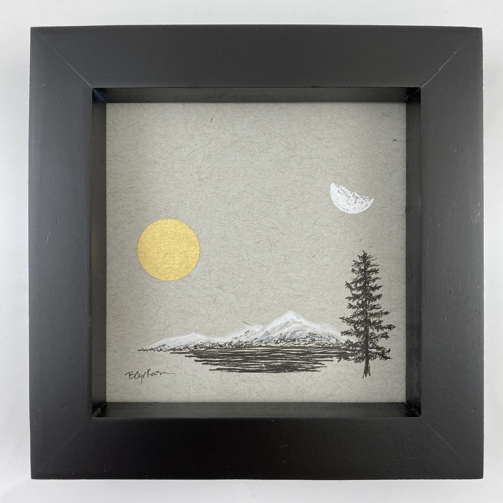 Daytime Moon, Sun, Mountain, Water and Solo Tree - Grey and Gold Collection #13 - Original drawing - 4"x4"