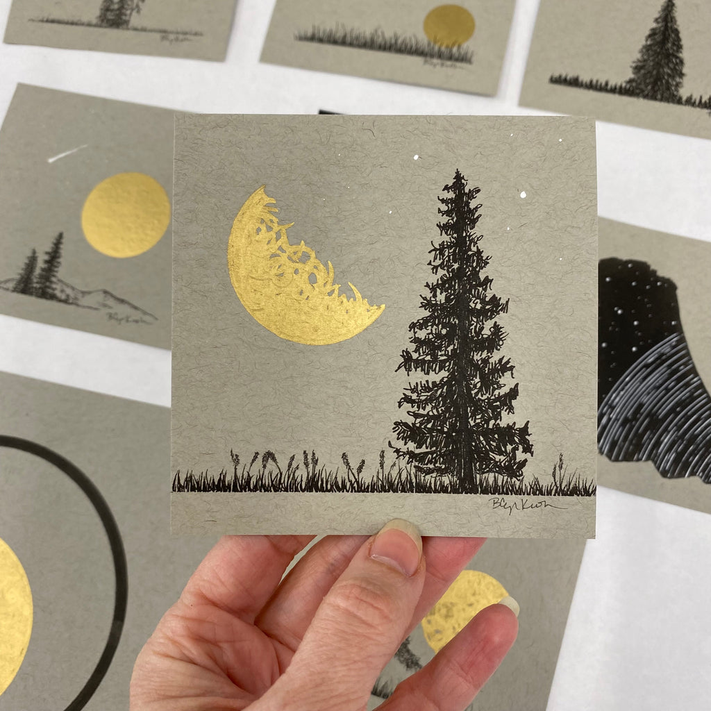 Half Moon, Large Tree on a Summer Night - Grey and Gold Collection #53 - Original drawing - 4"x4"