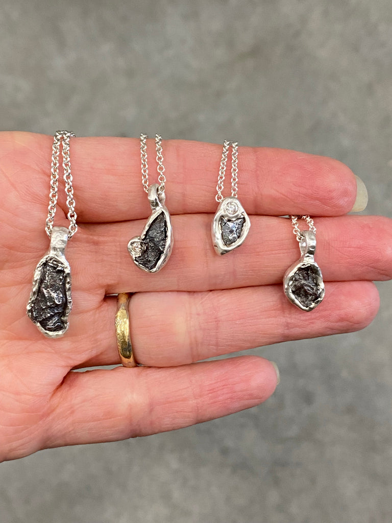 Meteorite and Moissanite Pendant in Sterling Silver - Ready to Ship