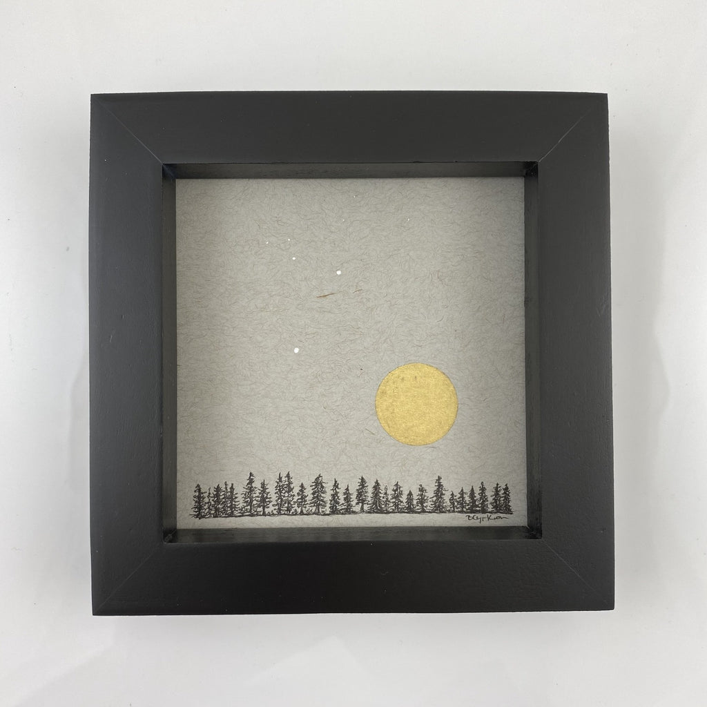 Tree Line and Full Moon - Grey and Gold Collection #11 - Original drawing - 4"x4"