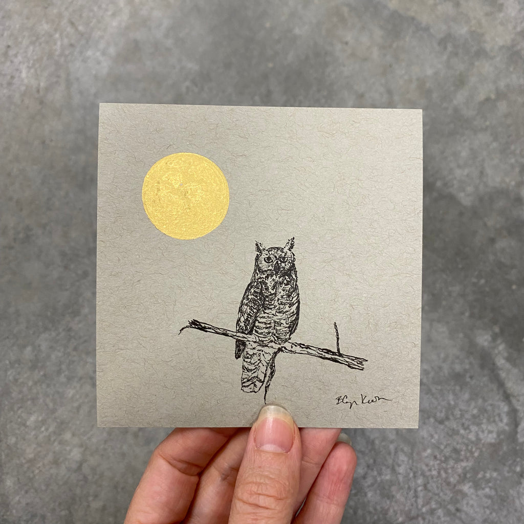 Owl says hi - Grey and Gold Collection #61 - Original drawing - 4"x4"