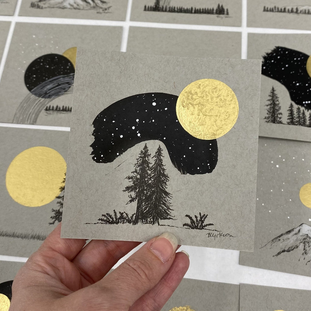 Trees, Ferns and Canis Major with Full Moon - Grey and Gold Collection #18 - Original drawing - 4"x4"