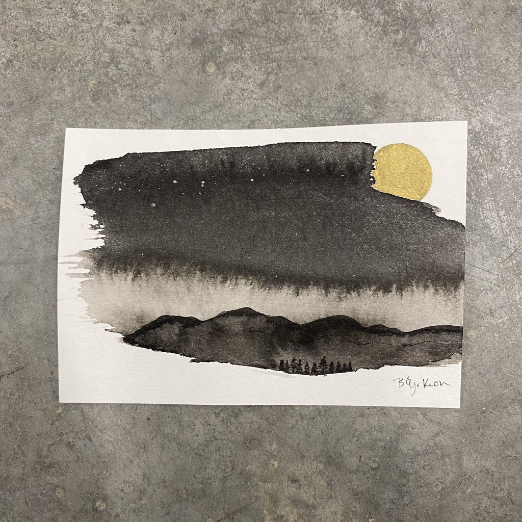 Winter Night Sky 7 - Light behind the mountains - 3.5 x 5 - Original Drawing