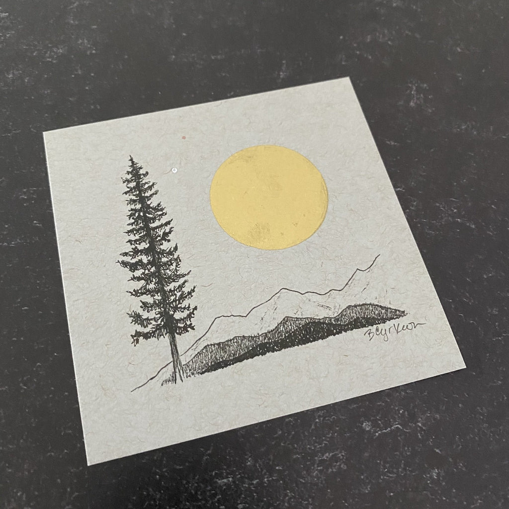 Tree, Moon with Mars and Venus Friends - Grey and Gold Collection #6 - Original drawing - 4"x4"
