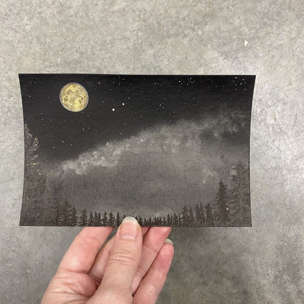 Winter Night Sky 11 - Full moon over the clouds and trees - 4 x 6 - Original Drawing