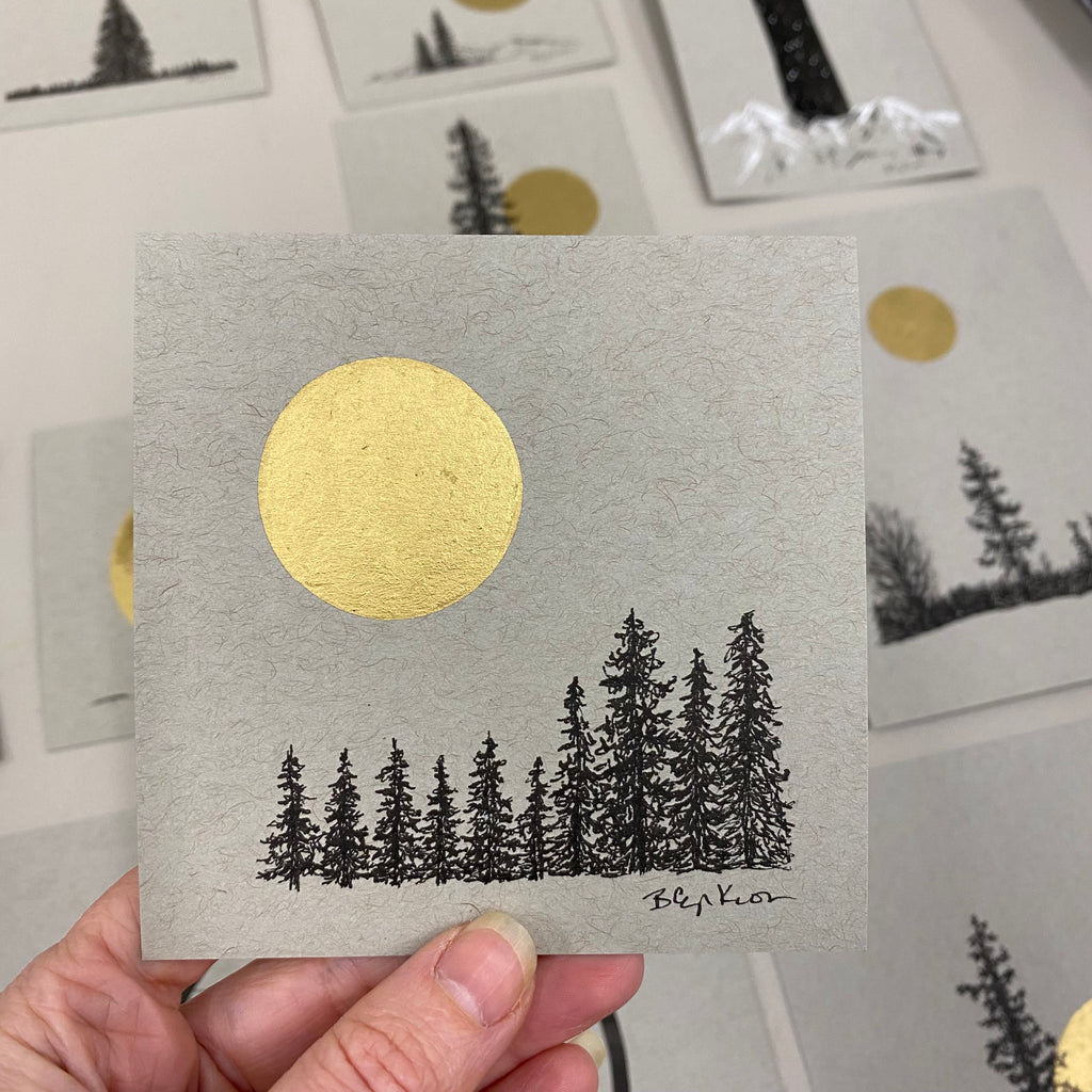 Tree line and Full Moon - Grey and Gold Collection #39 - Original drawing - 4"x4"