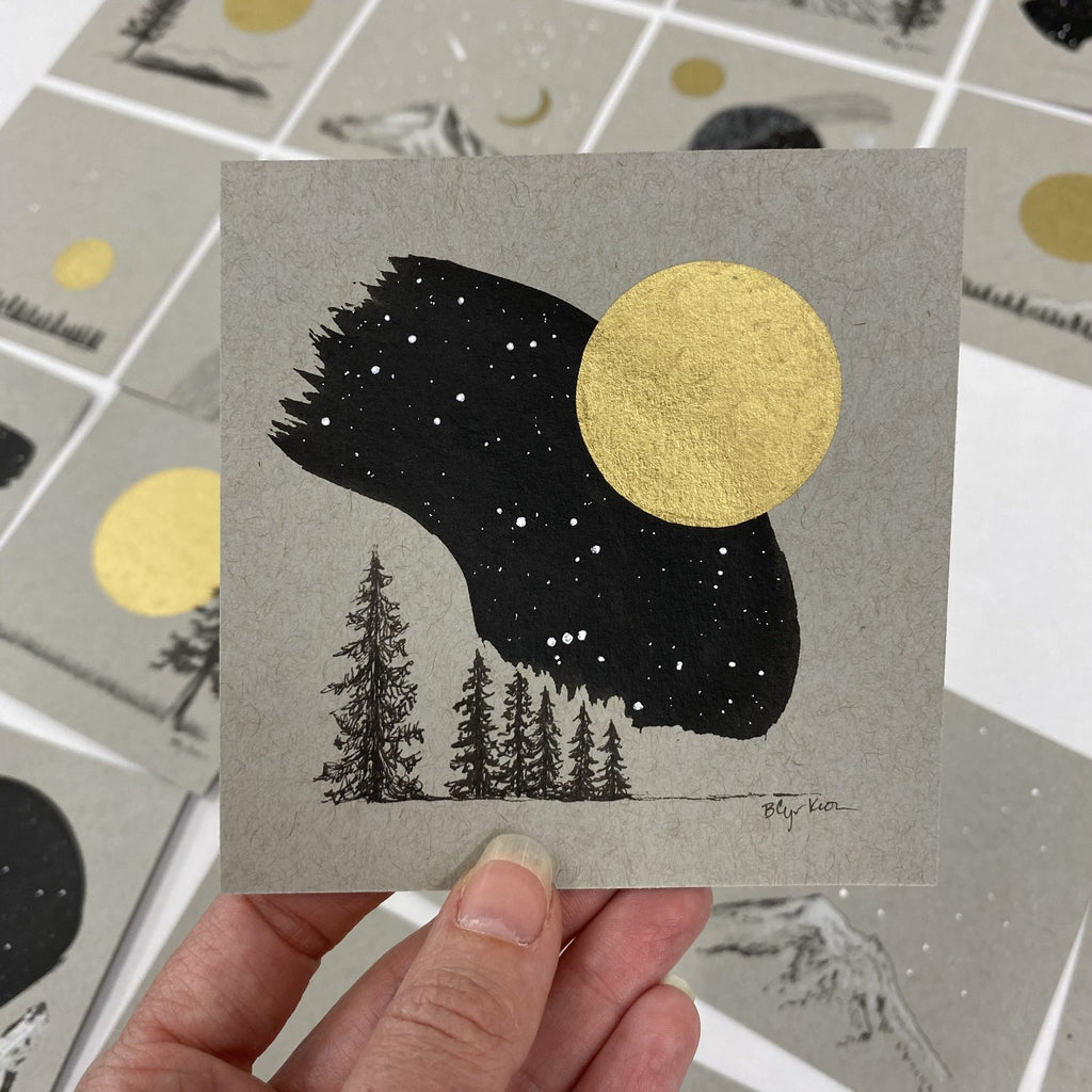 Full Moon, Tree Family, Partial Orion and Friends - Grey and Gold Collection #14 - Original drawing - 4"x4"