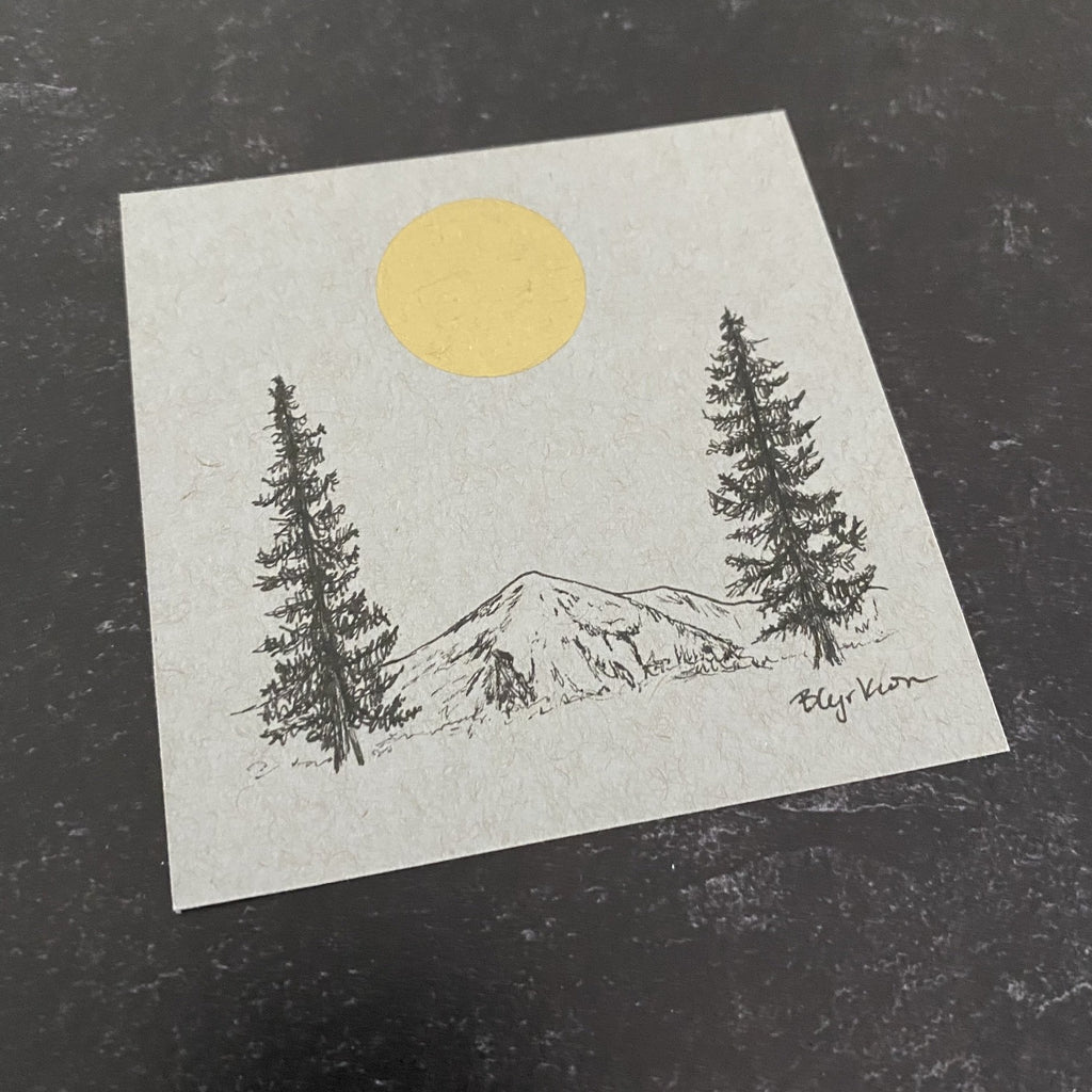 Sun, Mountain and Tree Twins - Grey and Gold Collection #3 - Original drawing - 4"x4"
