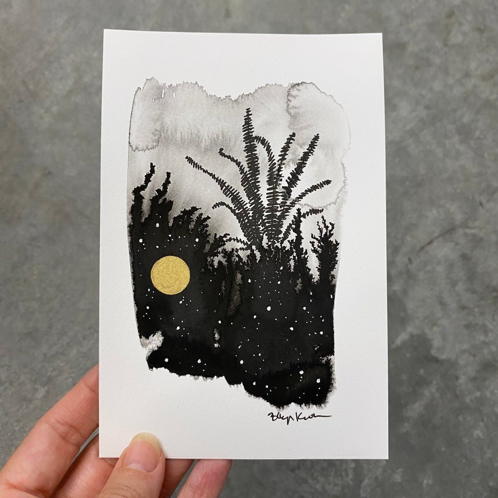 Beauty in the Upside Down 31 - Single Fern and little Full Moon - Original Drawing - 4”x6”