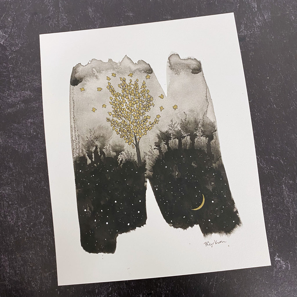 Beauty in the Upside Down 6 - Gold Leaves - Original Drawing - 8”x10”